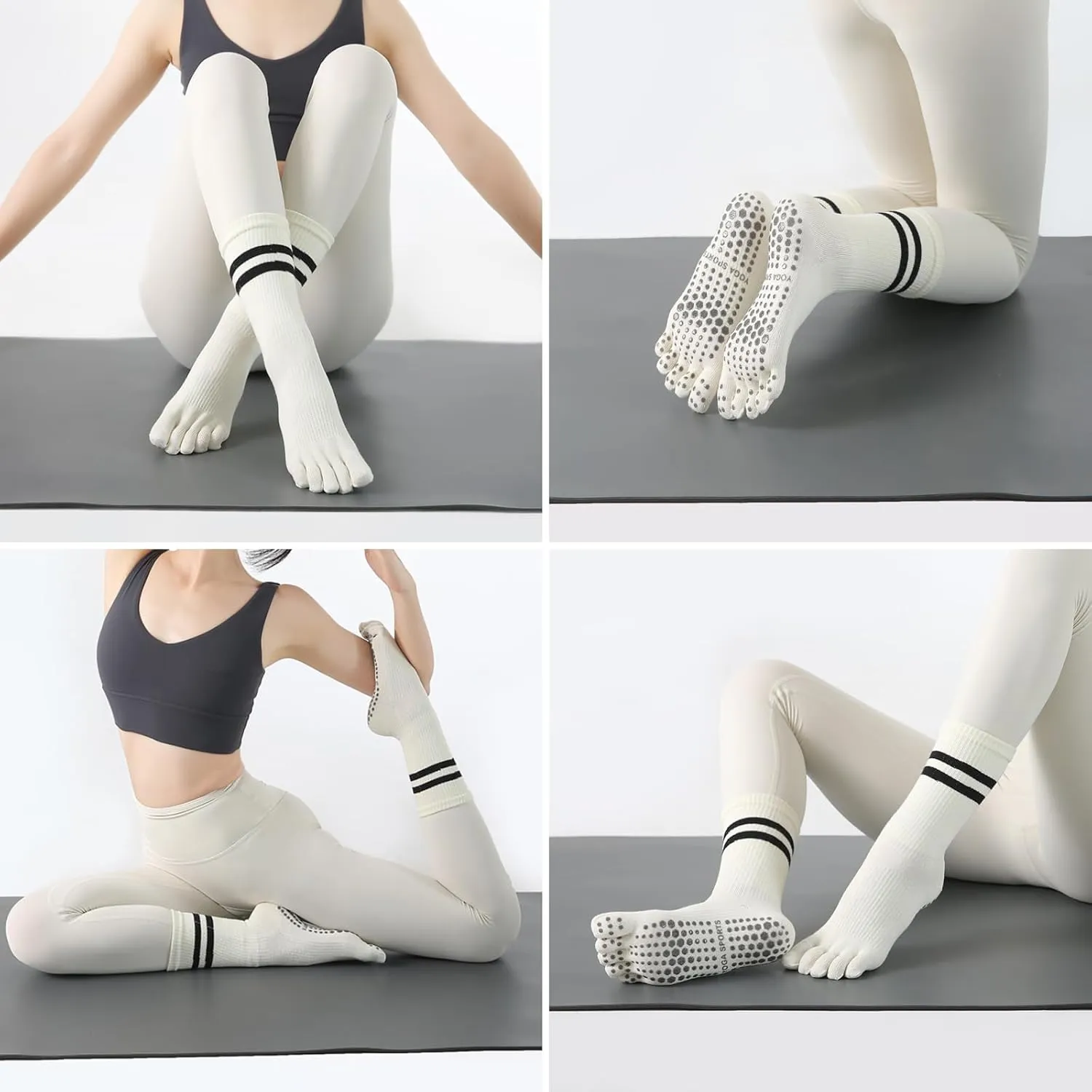 Pilates Socks for Women, Non Slip Yoga Five Toe Grippy Socks for Hospital Barre Sticky Gym Slipper Socks 4 Pairs
