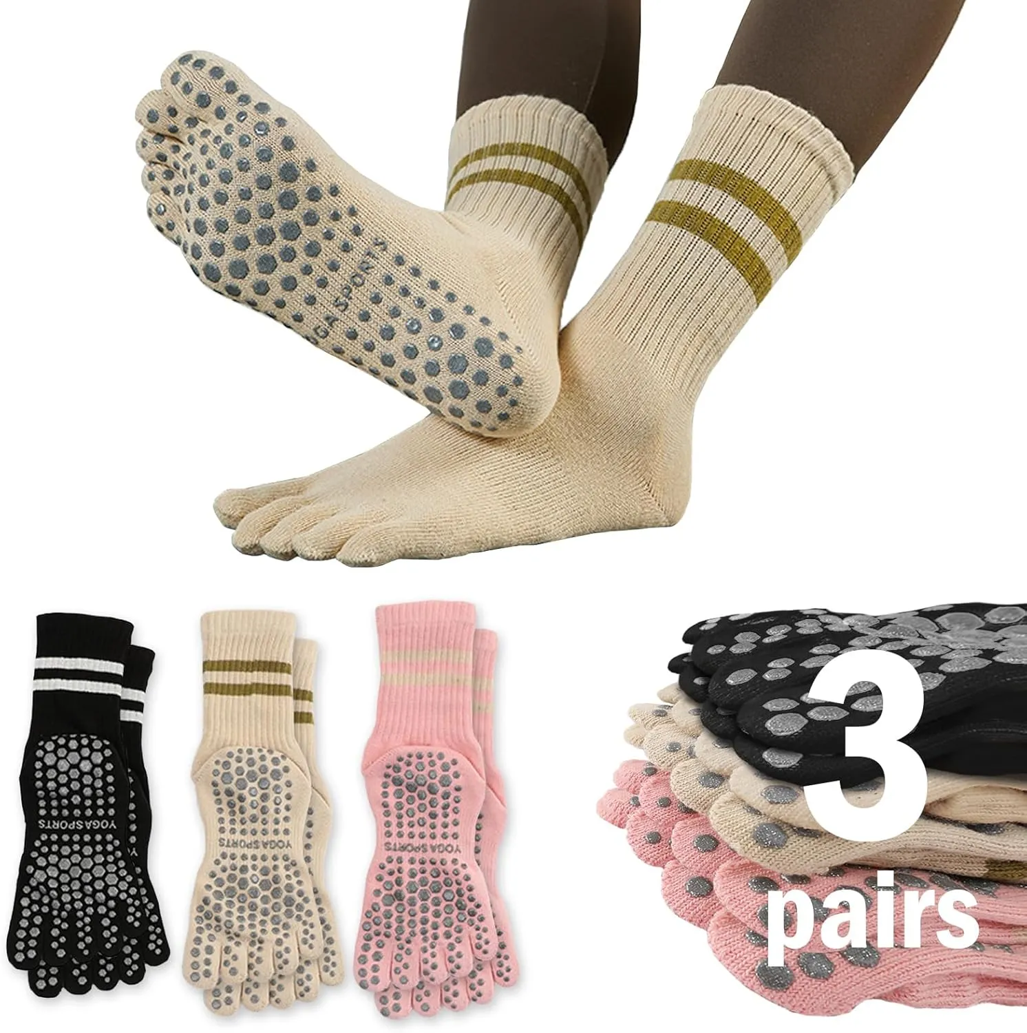 Pilates Socks Yoga Non Slip Long Socks - Toe Compression Long Socks For Women, Sweat-absorbent Deodorant Anti-frictionSoft Breathable Yoga Socks No Slip Long Socks(3 Color, 3 Pairs)