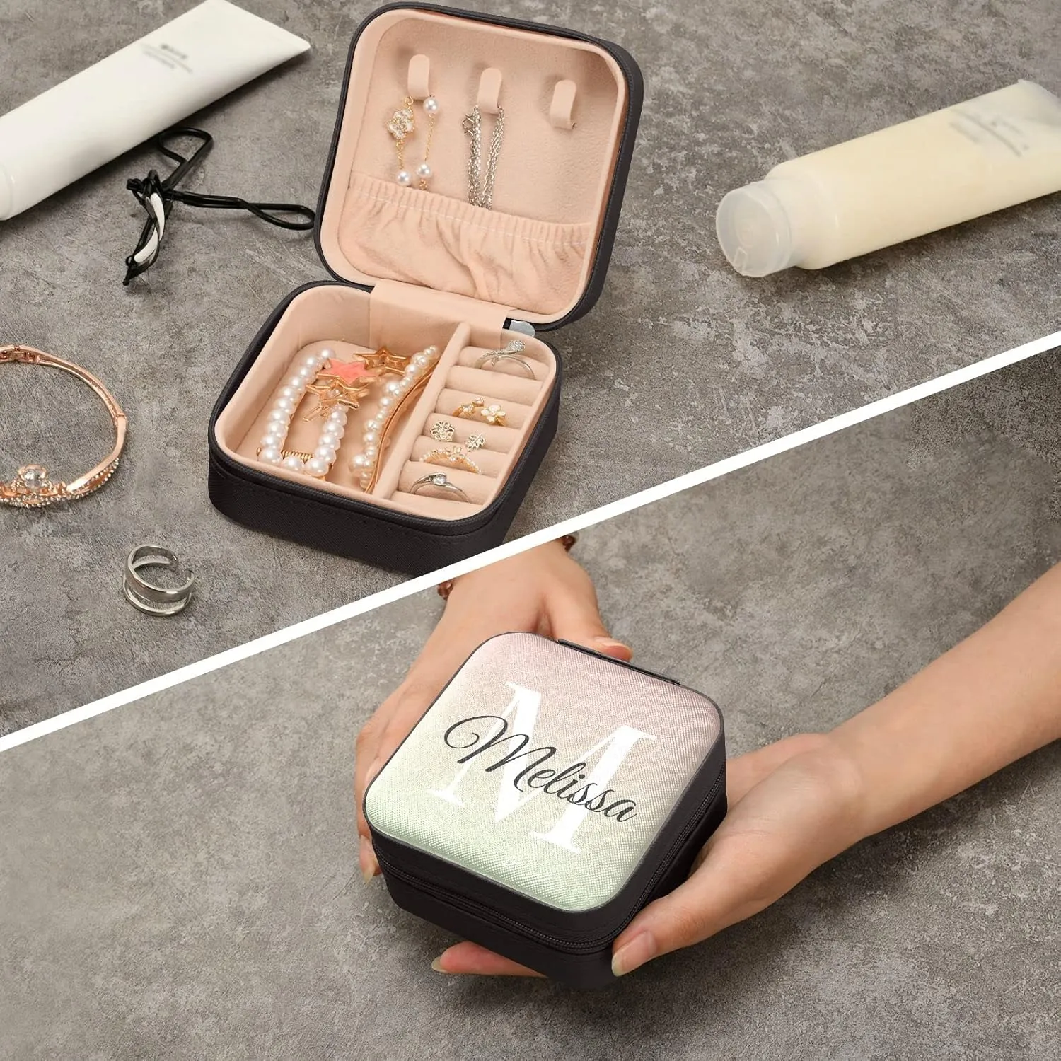 Pink Gradient Custom Travel Jewelry Case PU Leather Personalized Portable Jewelry Box Jewelry Travel Organizer Small Jewelry Box for Earring Bracelet Necklace Gifts Ring Display Box Holder for Women