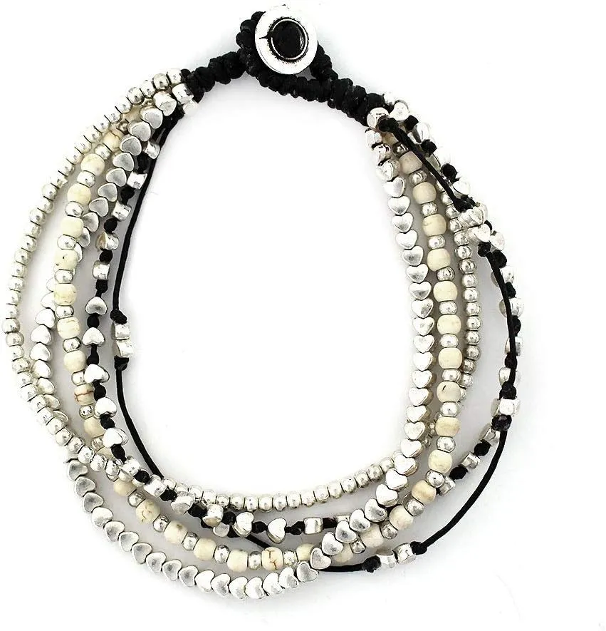 PLB 5 Strand Silver Alloy Anklet Jewelry Waxed Linen Costume Jewelry