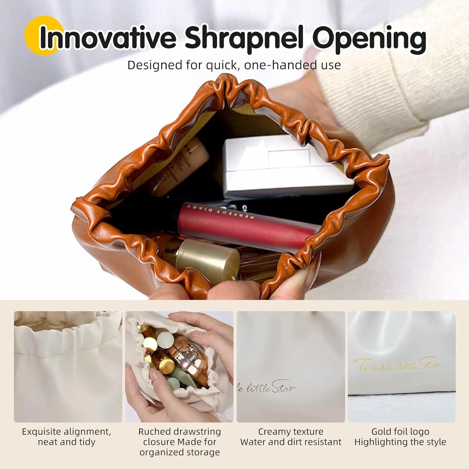 PU Leather Makeup Bag 2PCS, Elastic Aesthetic Lipstick Bag, Cute Small Cosmetic Bag, Daily Portable Travel Organizer Bag, Accessories Storage Pouch, Toiletry Bag Set (Sunset Sienna Brown)