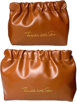 PU Leather Makeup Bag 2PCS, Elastic Aesthetic Lipstick Bag, Cute Small Cosmetic Bag, Daily Portable Travel Organizer Bag, Accessories Storage Pouch, Toiletry Bag Set (Sunset Sienna Brown)
