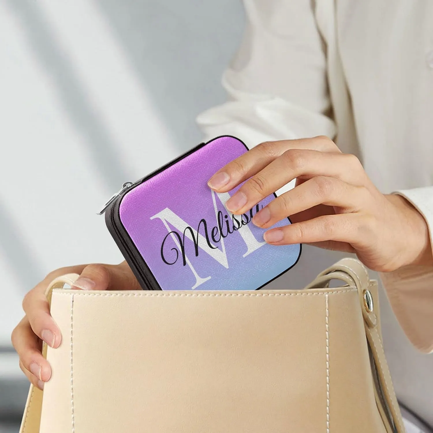 Purple Gradient Custom Travel Jewelry Case PU Leather Personalized Portable Jewelry Box Travel Jewelry Organizer Small Jewelry Box for Ring Necklace Earring Gifts Display Box Holder for Women