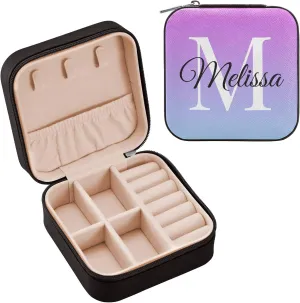 Purple Gradient Custom Travel Jewelry Case PU Leather Personalized Portable Jewelry Box Travel Jewelry Organizer Small Jewelry Box for Ring Necklace Earring Gifts Display Box Holder for Women