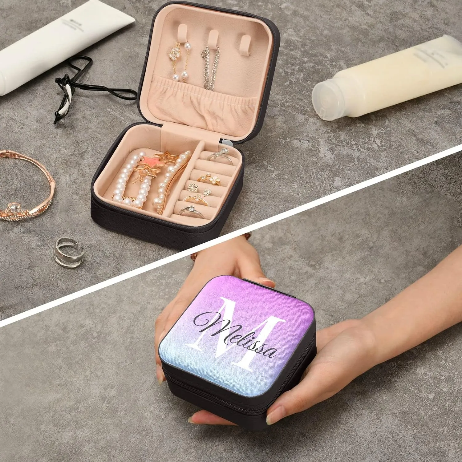 Purple Gradient Custom Travel Jewelry Case PU Leather Personalized Portable Jewelry Box Travel Jewelry Organizer Small Jewelry Box for Ring Necklace Earring Gifts Display Box Holder for Women
