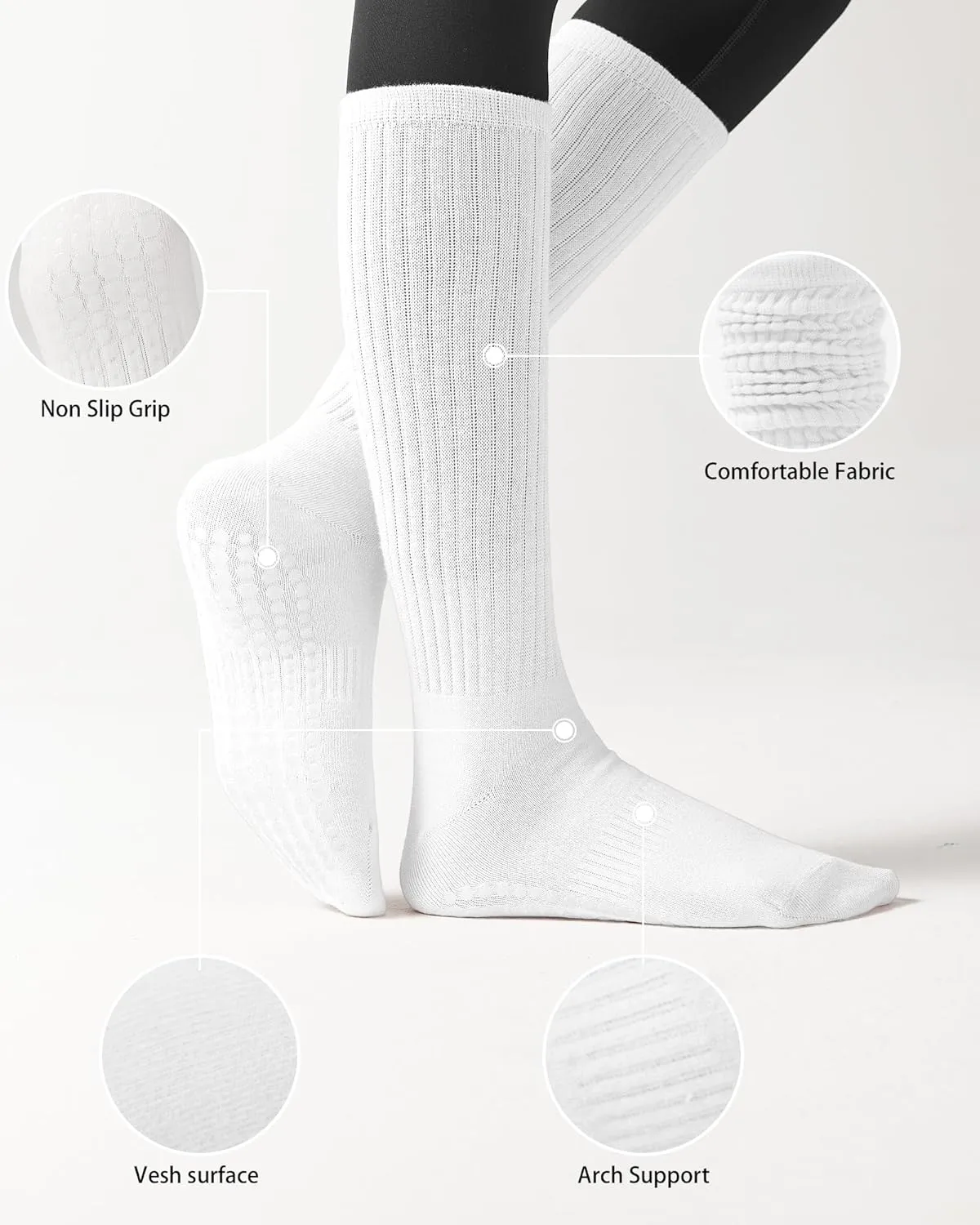 REACH STAR Grip Pilates Socks for Women, Yoga Slouch Socks with Grip for Barre Workout Hospital Long Scrunch Slipper Socks