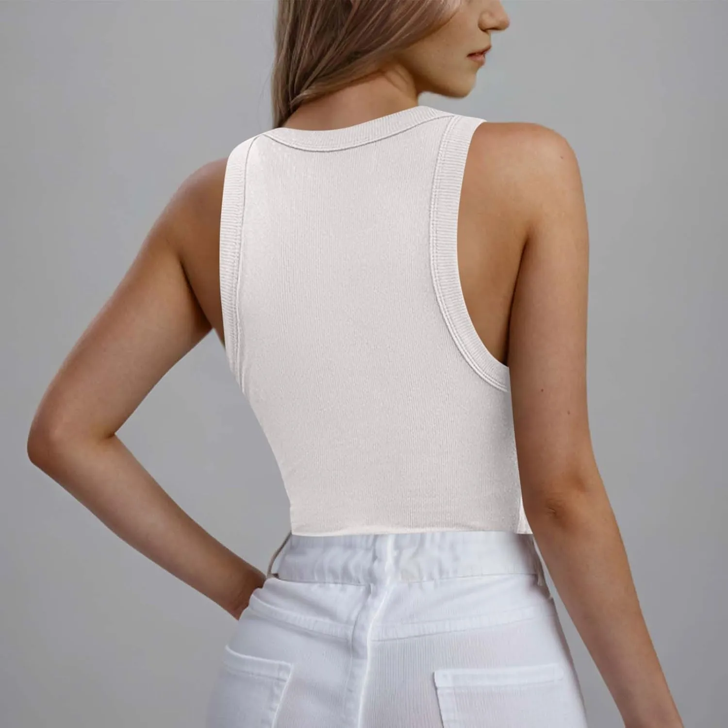 Ribbed Tank Tops for Women with Built in Bra Racerback Sleeveless Camisole Crewneck Slim Fit Chest Pad Tanks