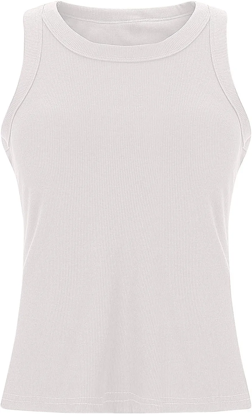 Ribbed Tank Tops for Women with Built in Bra Racerback Sleeveless Camisole Crewneck Slim Fit Chest Pad Tanks