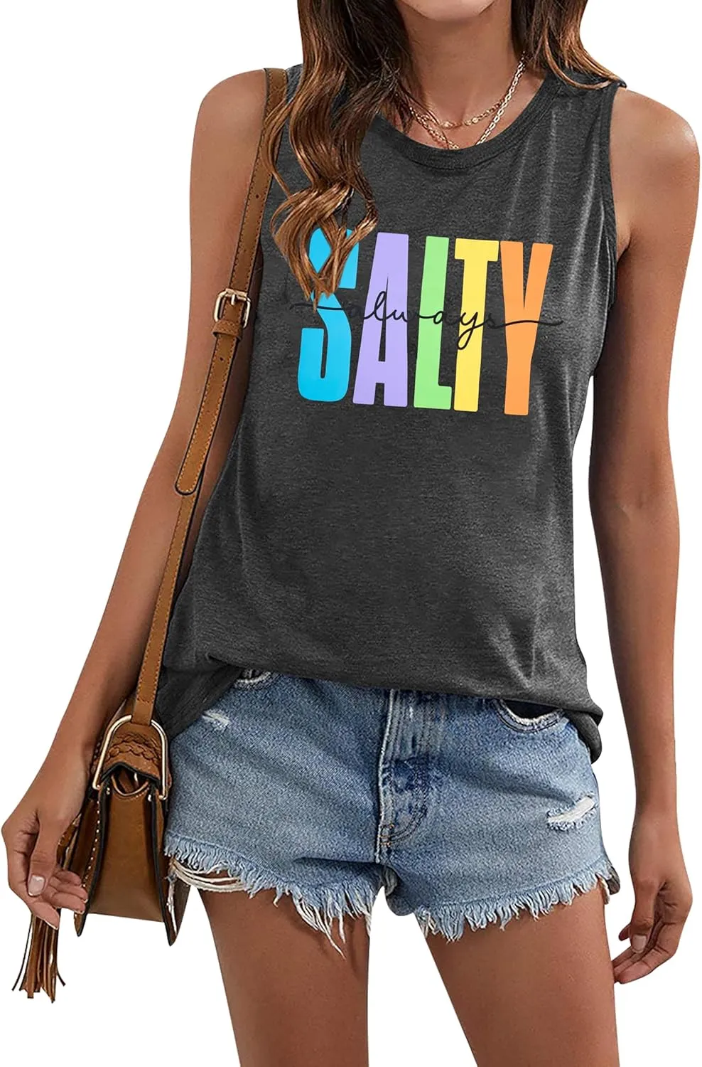 Salty Always Tank Top Women Beach Tanks Hawaiian Sleveless Vest Tops Summer Graphic Tanks Vacation Tops Workout