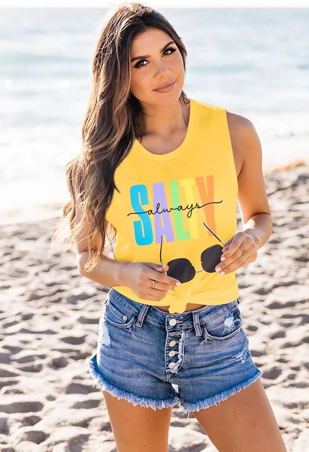 Salty Always Tank Top Women Beach Tanks Hawaiian Sleveless Vest Tops Summer Graphic Tanks Vacation Tops Workout