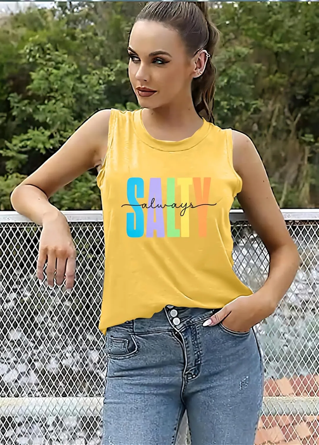 Salty Always Tank Top Women Beach Tanks Hawaiian Sleveless Vest Tops Summer Graphic Tanks Vacation Tops Workout