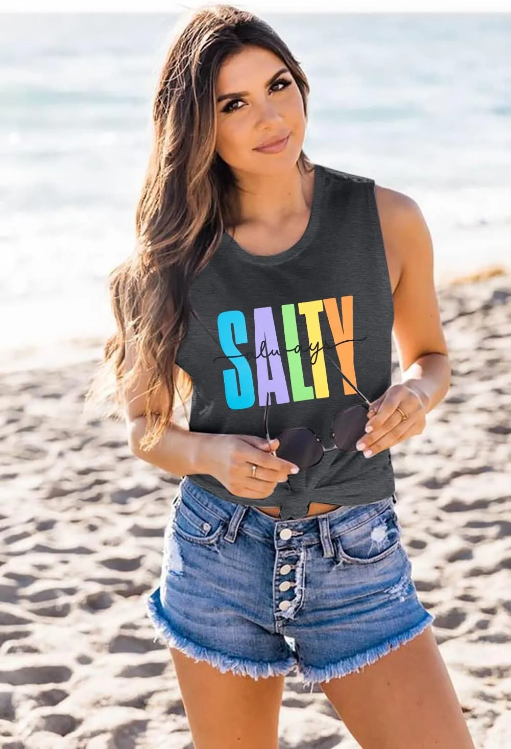 Salty Always Tank Top Women Beach Tanks Hawaiian Sleveless Vest Tops Summer Graphic Tanks Vacation Tops Workout