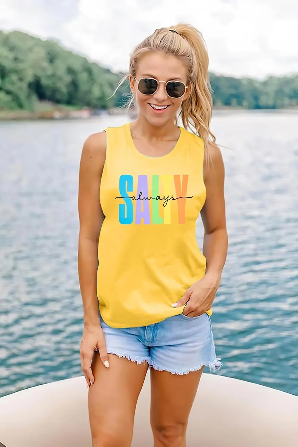 Salty Always Tank Top Women Beach Tanks Hawaiian Sleveless Vest Tops Summer Graphic Tanks Vacation Tops Workout