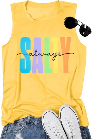 Salty Always Tank Top Women Beach Tanks Hawaiian Sleveless Vest Tops Summer Graphic Tanks Vacation Tops Workout