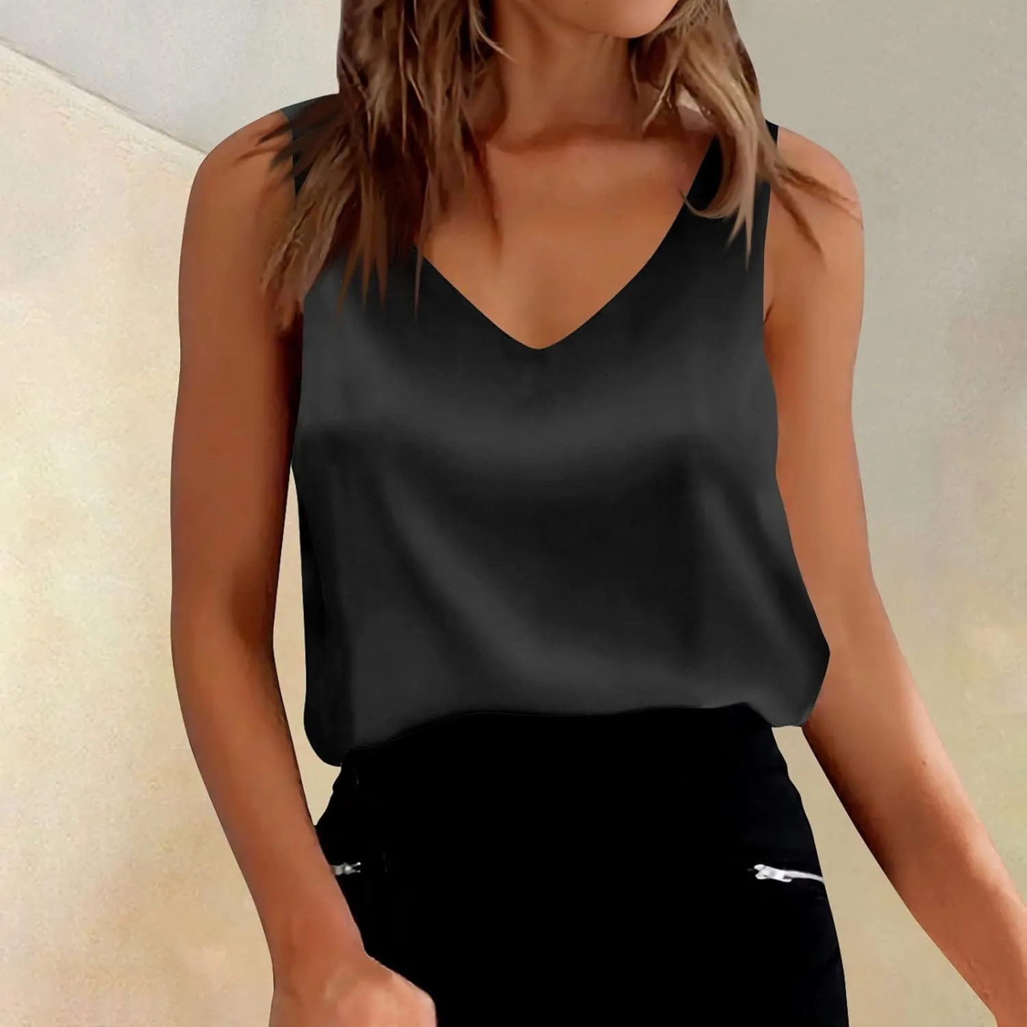 Satin Tank Tops for Women 2025 Summer V Neck Camisole Blouse Casual Sleeveless Silky Basic Tanks Cami Tanks Shirt
