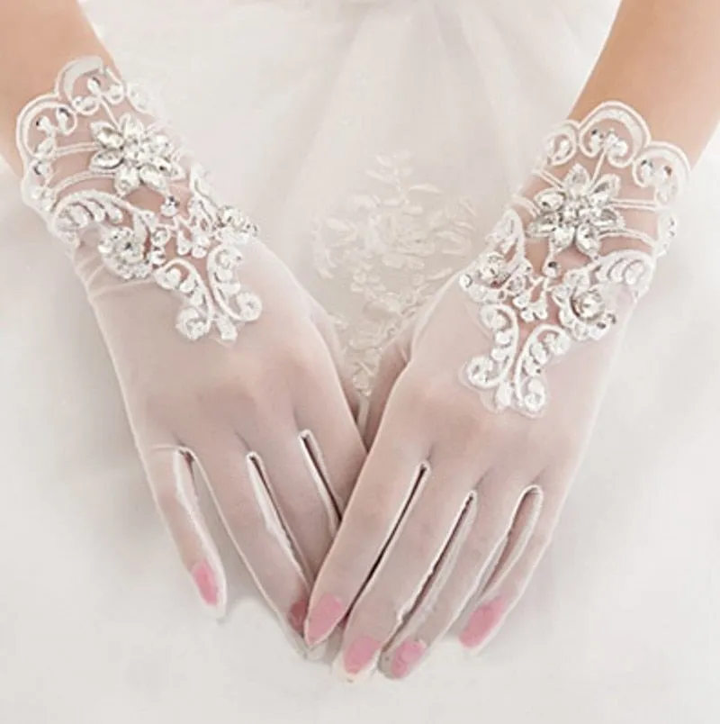 Short White Tulle Bridal Gloves