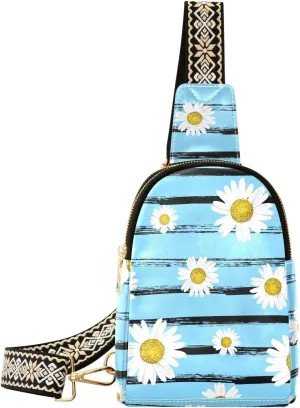 Small Sling Bag for Women Beautiful White Daisies PC Leather Fanny Pack Crossbody Strip Fashion Waist Packs Chest Bag for Travel Sports Running Hiking