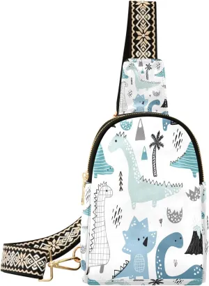 Small Sling Bag for Women Cute Cartoon Dinosaur PC Leather Fanny Pack Crossbody Blue Fashion Waist Packs Chest Bag for Travel Sports Running Hiking