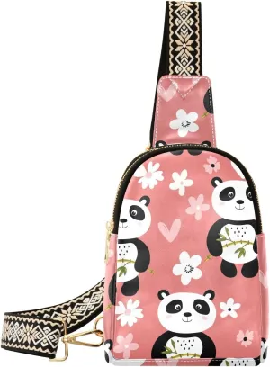 Small Sling Bag for Women Panda Cute Flower PC Leather Fanny Pack Crossbody Daisy Spring Fashion Waist Packs Chest Bag for Travel Sports Running Hiking