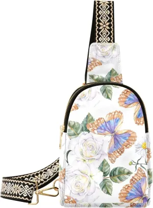 Small Sling Bag for Women Watercolor Morpho Butterfly PC Leather Fanny Pack Crossbody Daisies Roses Flower Fashion Waist Packs Chest Bag for Travel Sports Running Hiking