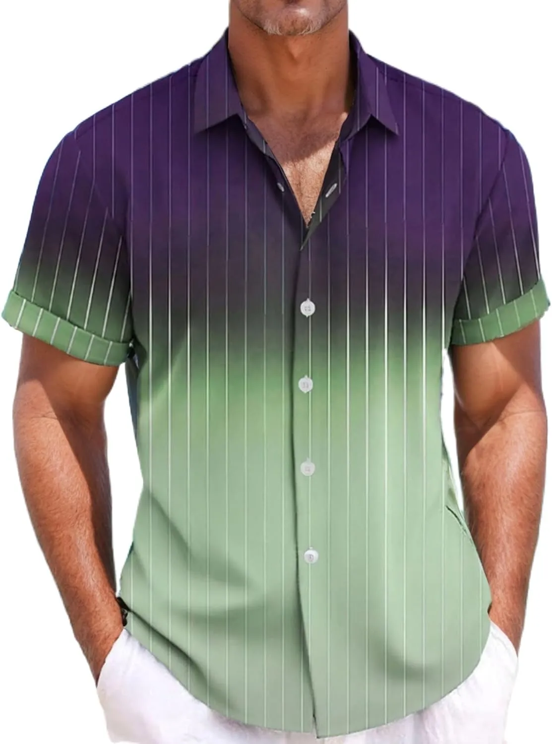 Summer Beach Shirts for Men Gradient Stripe Casual Hawaiian Shirts Button Up Tops Cotton Linen Blouses Vacation Tee