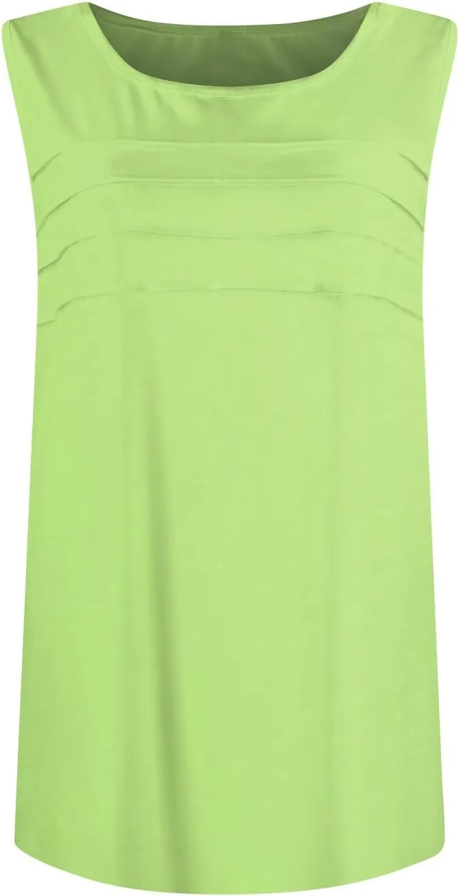 Summer Tank Tops for Women Sleeveless Crew Neck Pleated Solid Blouses Boho Casual Loose Tops Basic Shirts