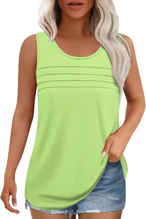 Summer Tank Tops for Women Sleeveless Crew Neck Pleated Solid Blouses Boho Casual Loose Tops Basic Shirts