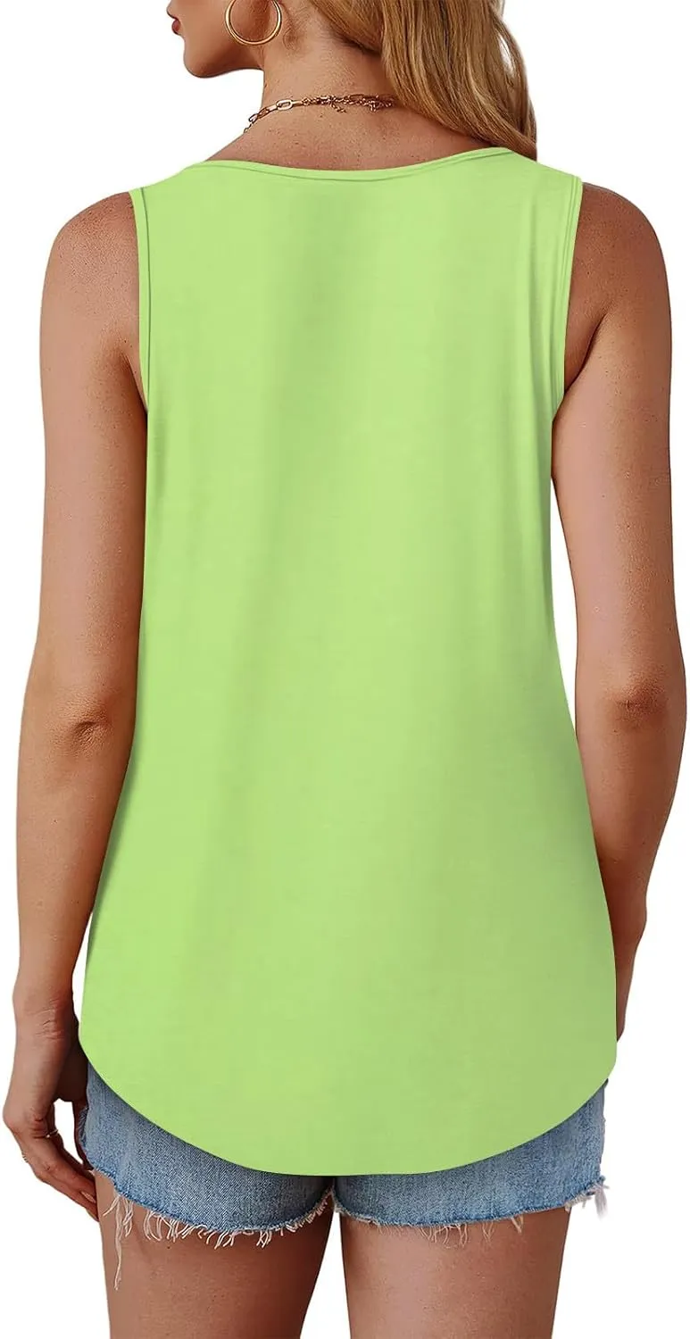 Summer Tank Tops for Women Sleeveless Crew Neck Pleated Solid Blouses Boho Casual Loose Tops Basic Shirts