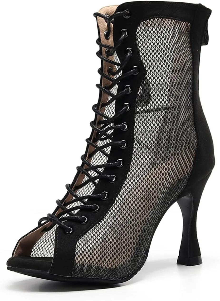 SWDZM Women's Latin Dance Shoes Mesh Peep Toe Salsa Tango Ballroom Performance Practice Wedding Party Dance Boots, Model-QJW7179