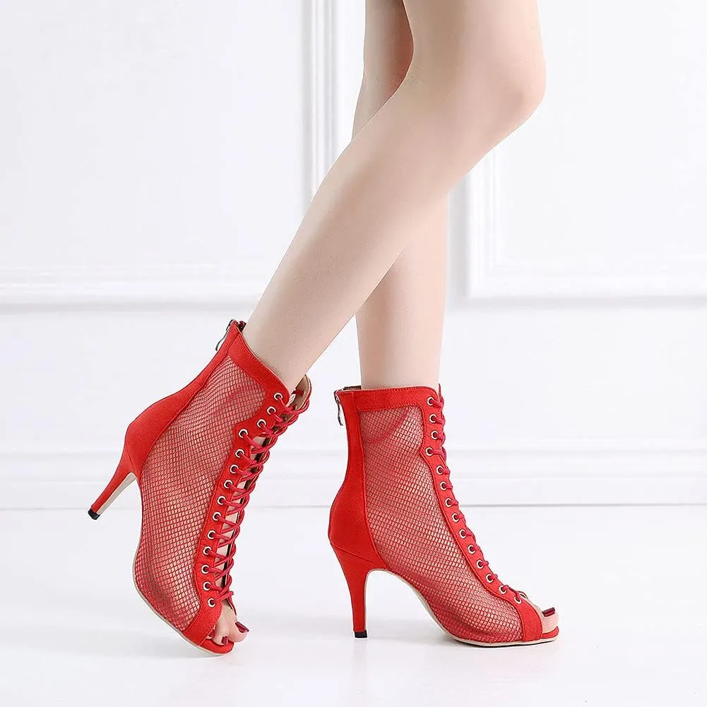 SWDZM Women's Latin Dance Shoes Mesh Peep Toe Salsa Tango Ballroom Performance Practice Wedding Party Dance Boots, Model-QJW7179