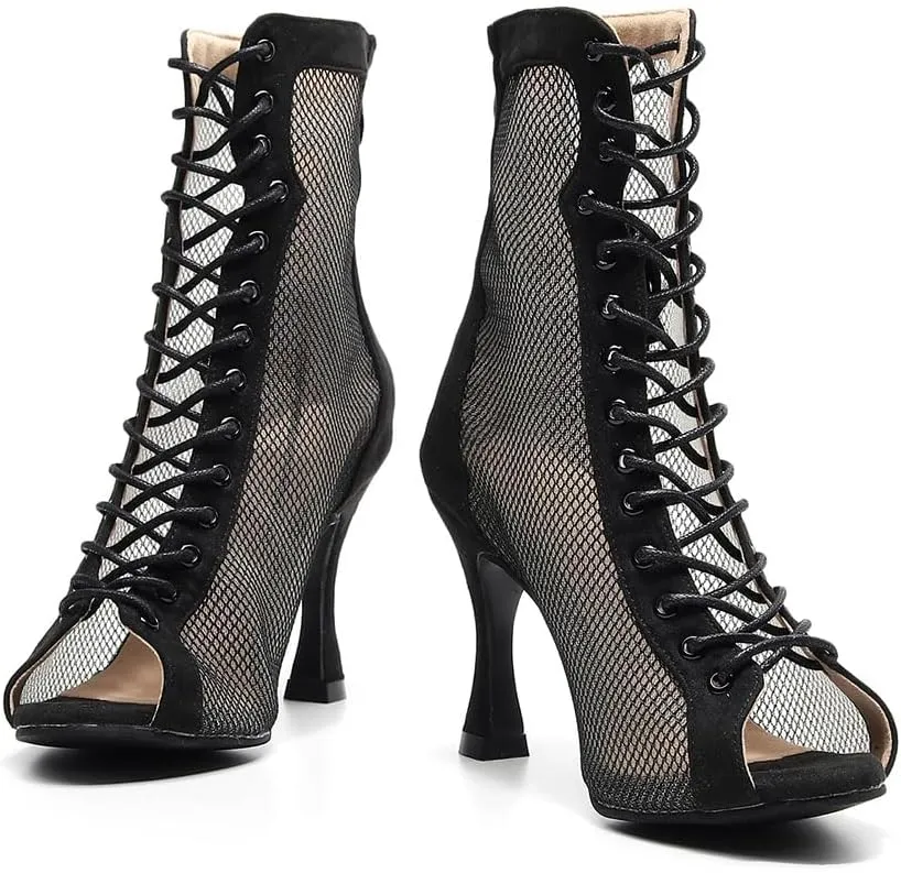 SWDZM Women's Latin Dance Shoes Mesh Peep Toe Salsa Tango Ballroom Performance Practice Wedding Party Dance Boots, Model-QJW7179