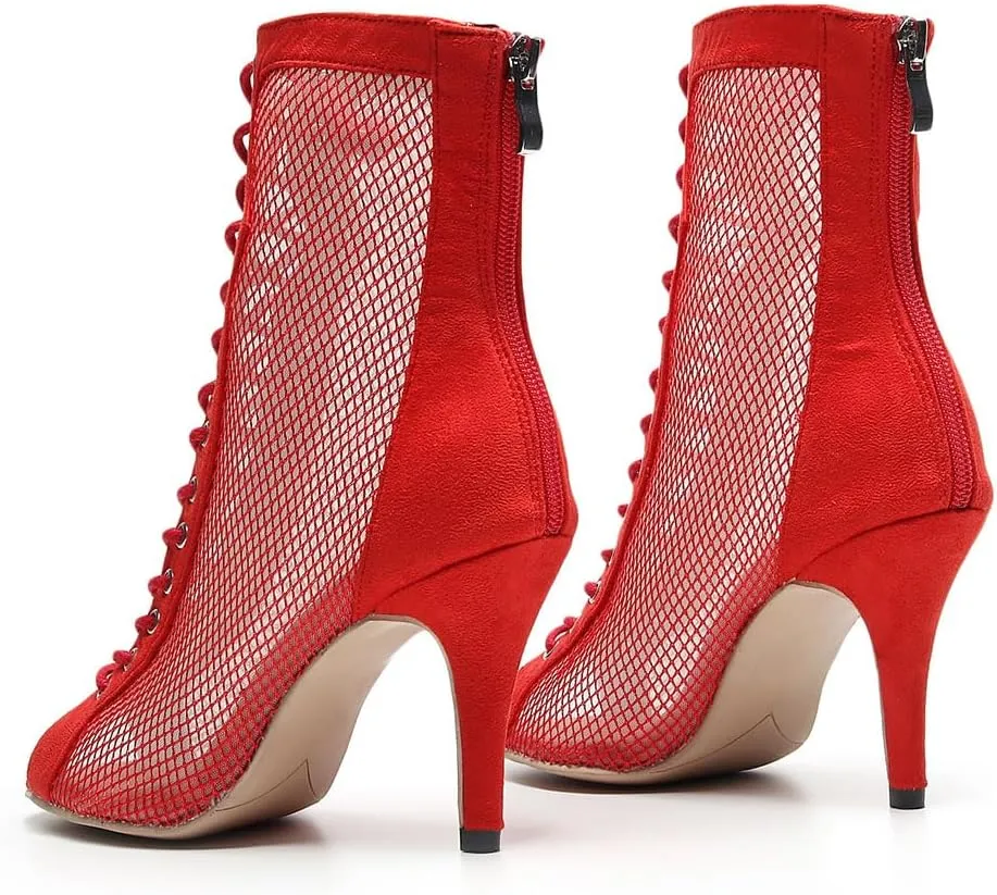 SWDZM Women's Latin Dance Shoes Mesh Peep Toe Salsa Tango Ballroom Performance Practice Wedding Party Dance Boots, Model-QJW7179