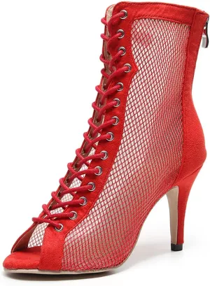 SWDZM Women's Latin Dance Shoes Mesh Peep Toe Salsa Tango Ballroom Performance Practice Wedding Party Dance Boots, Model-QJW7179
