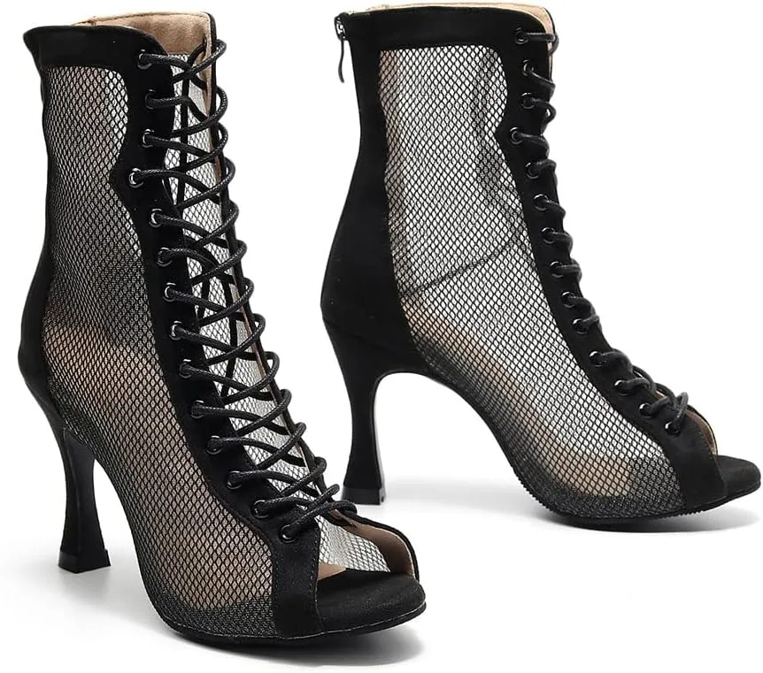 SWDZM Women's Latin Dance Shoes Mesh Peep Toe Salsa Tango Ballroom Performance Practice Wedding Party Dance Boots, Model-QJW7179