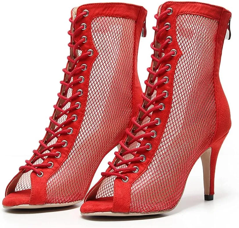 SWDZM Women's Latin Dance Shoes Mesh Peep Toe Salsa Tango Ballroom Performance Practice Wedding Party Dance Boots, Model-QJW7179