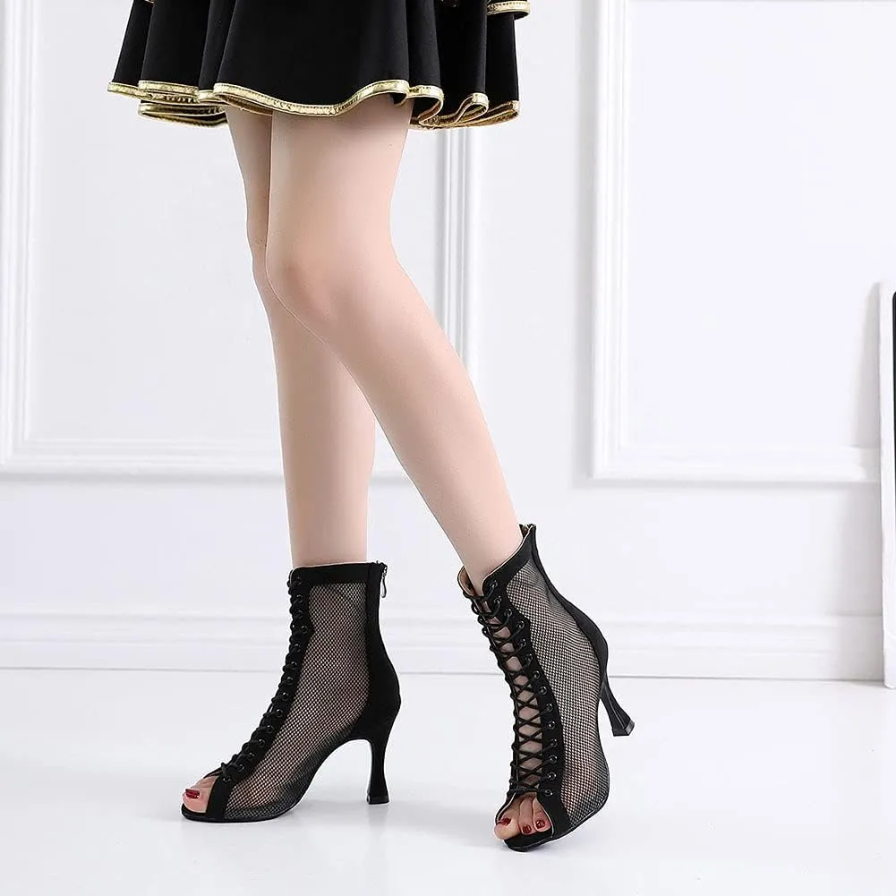 SWDZM Women's Latin Dance Shoes Mesh Peep Toe Salsa Tango Ballroom Performance Practice Wedding Party Dance Boots, Model-QJW7179