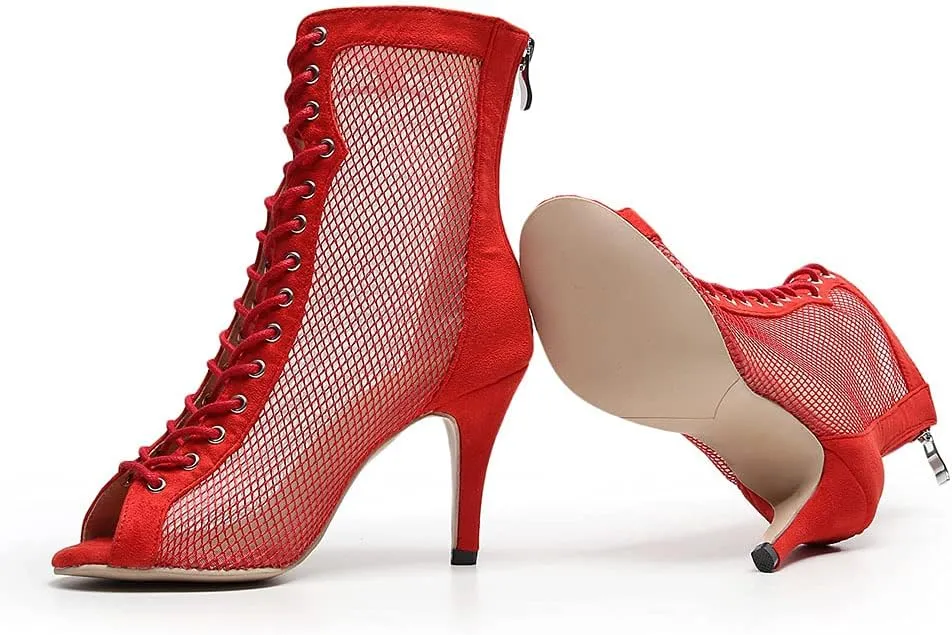 SWDZM Women's Latin Dance Shoes Mesh Peep Toe Salsa Tango Ballroom Performance Practice Wedding Party Dance Boots, Model-QJW7179