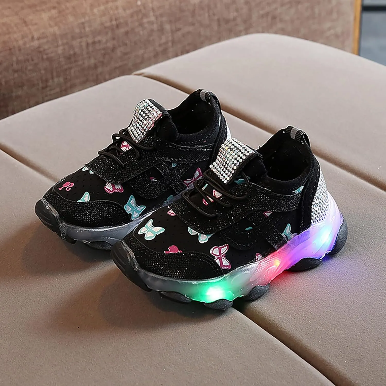 Tennis Shoes Girls Children's Sneakers Butterfly Print LED Light Shoes Daddy Shoes Lacing Breathable Newborn Shoes Boy