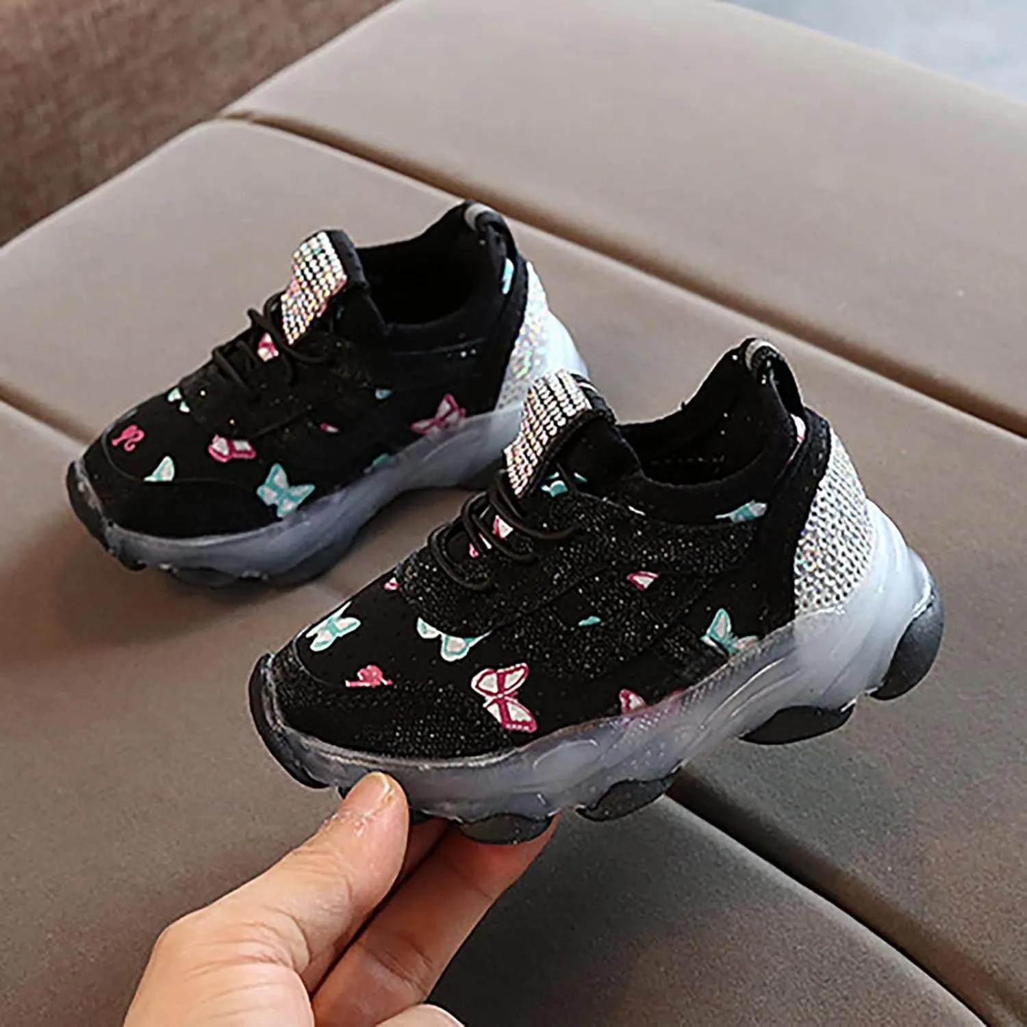 Tennis Shoes Girls Children's Sneakers Butterfly Print LED Light Shoes Daddy Shoes Lacing Breathable Newborn Shoes Boy