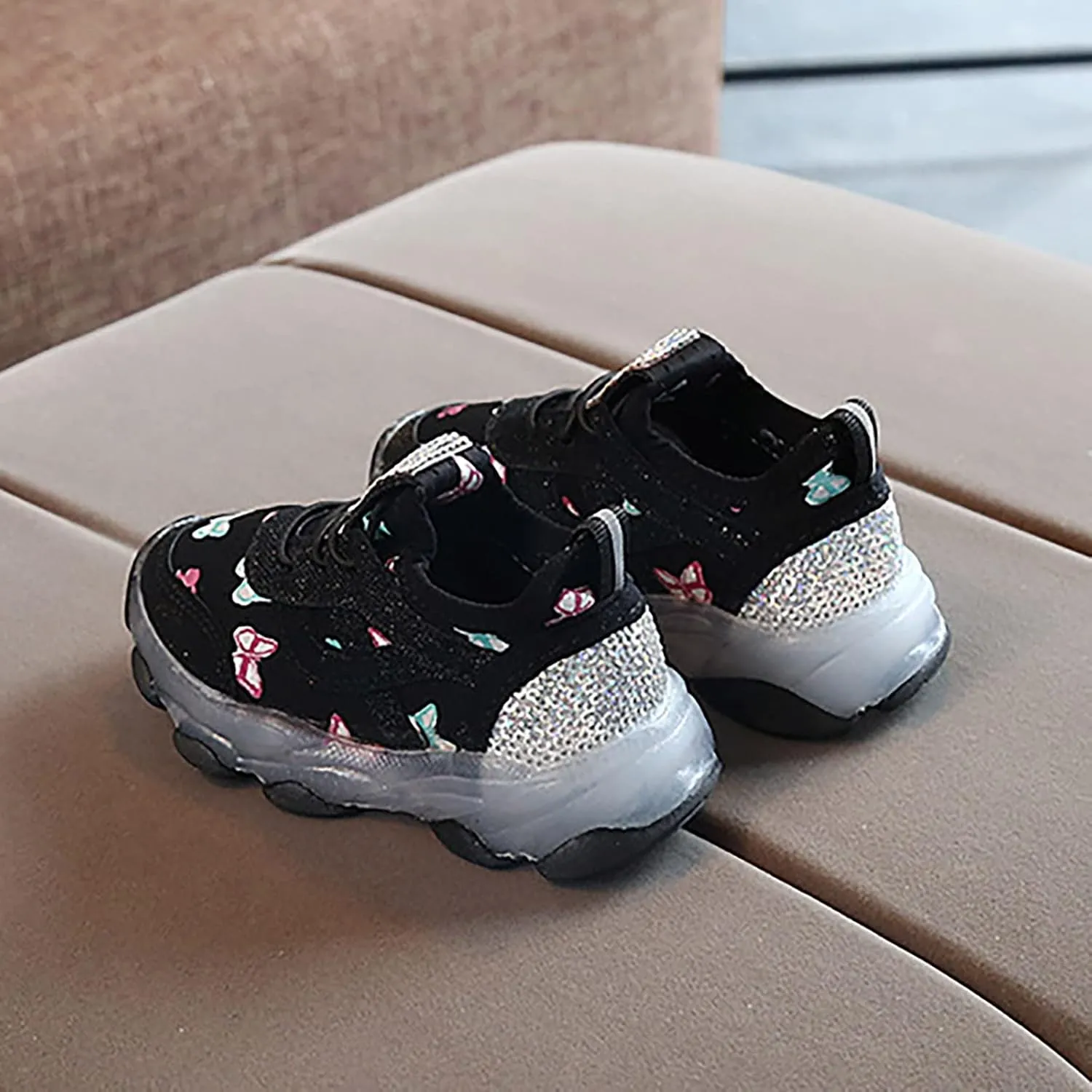 Tennis Shoes Girls Children's Sneakers Butterfly Print LED Light Shoes Daddy Shoes Lacing Breathable Newborn Shoes Boy