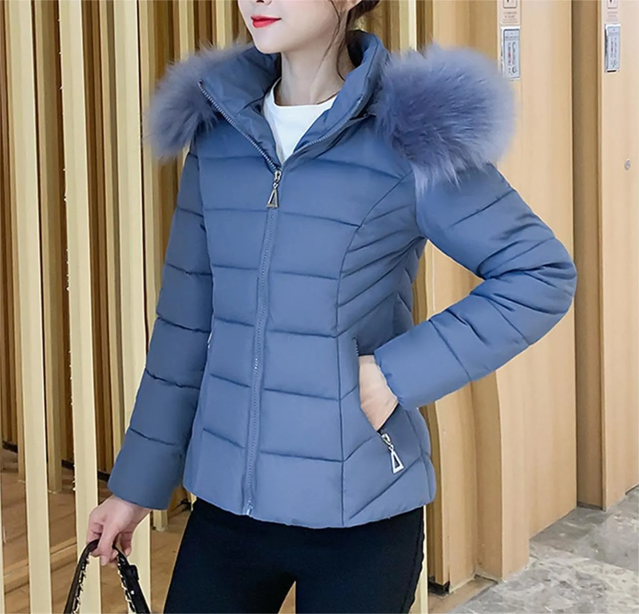 Thatrich Down Puffer Jacket Women Padded Puffy Coats Faux Fur Hooded Jackets Thicken Warm Outwears Loose Fit Casual Outfits