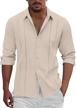 Thatrich Mens Cuban Guayabera Shirt Long Sleeve Button Up Work Shirts Lightweight Casual Loose Fit Striped Tops Summer Beach
