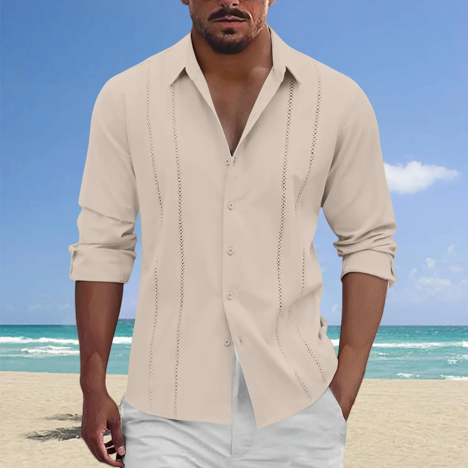 Thatrich Mens Cuban Guayabera Shirt Long Sleeve Button Up Work Shirts Lightweight Casual Loose Fit Striped Tops Summer Beach
