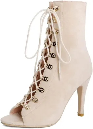 TINRYMX Women Open Toe Dance Boots Lace Up High Heel Boots Ankle Booties Latin Dance Shoes, Model-DSB95