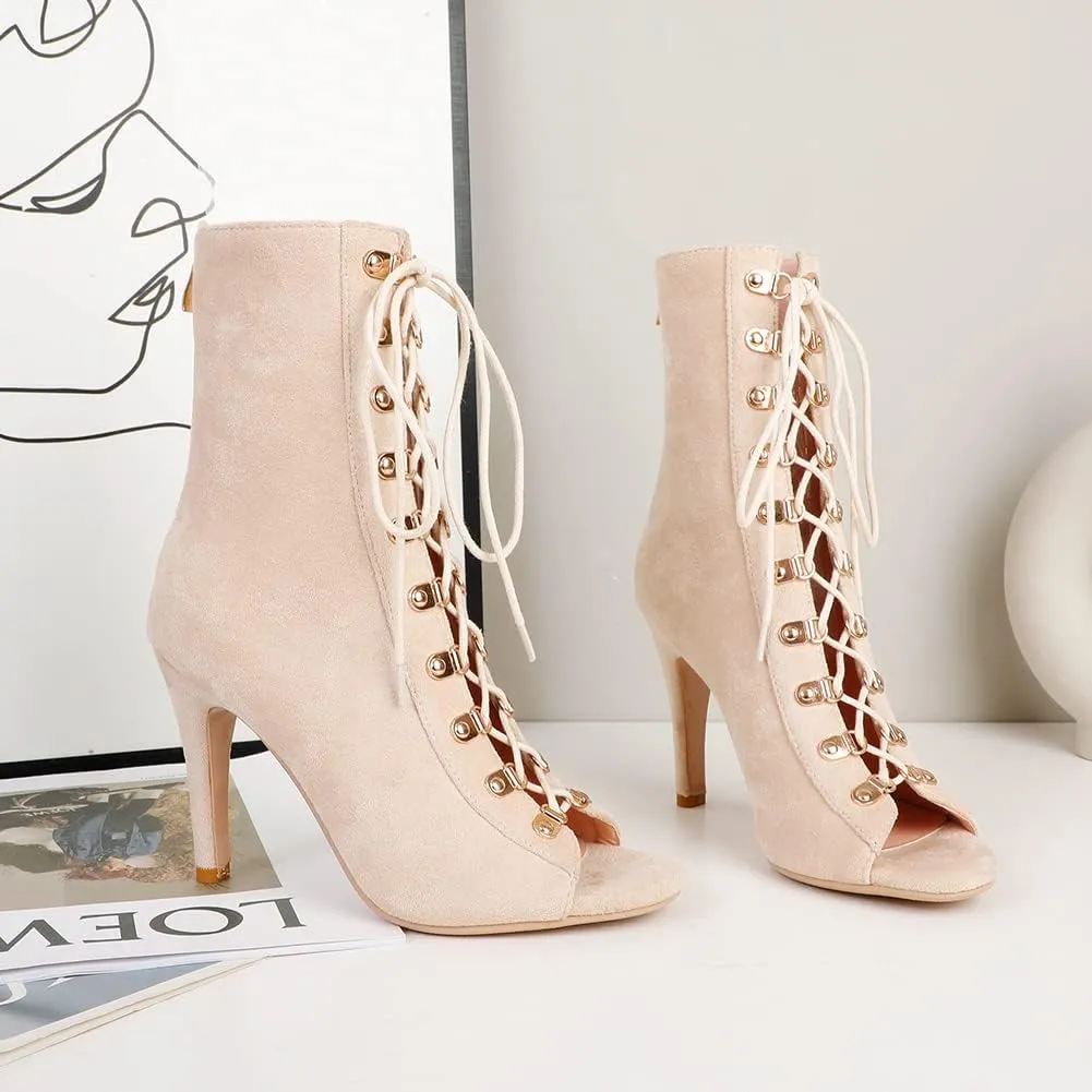TINRYMX Women Open Toe Dance Boots Lace Up High Heel Boots Ankle Booties Latin Dance Shoes, Model-DSB95