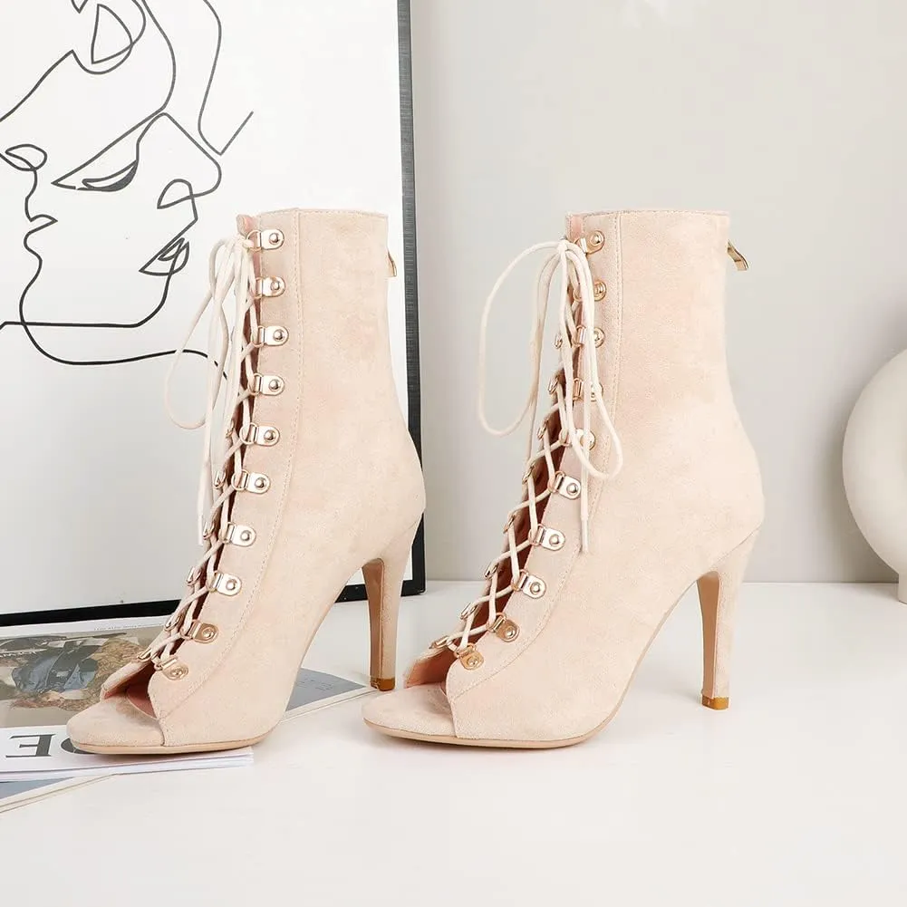 TINRYMX Women Open Toe Dance Boots Lace Up High Heel Boots Ankle Booties Latin Dance Shoes, Model-DSB95