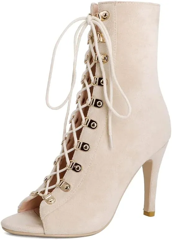TINRYMX Women Open Toe Dance Boots Lace Up High Heel Boots Ankle Booties Latin Dance Shoes, Model-DSB95
