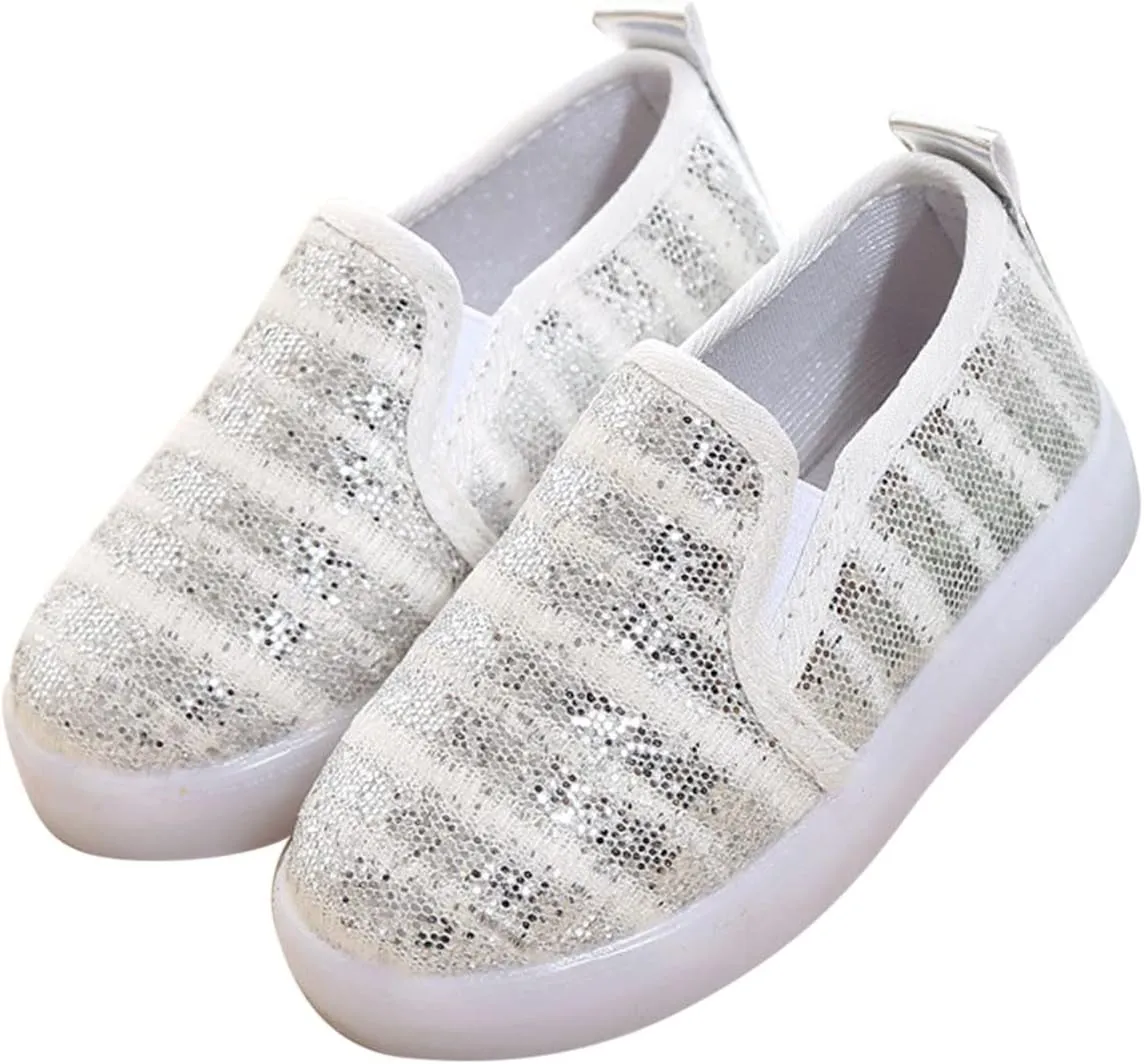Toddler Girls Canvas Shoes Glitter Slip On Sneakers Light Up Shoes Casual Loafers for Infant Walking Shoes