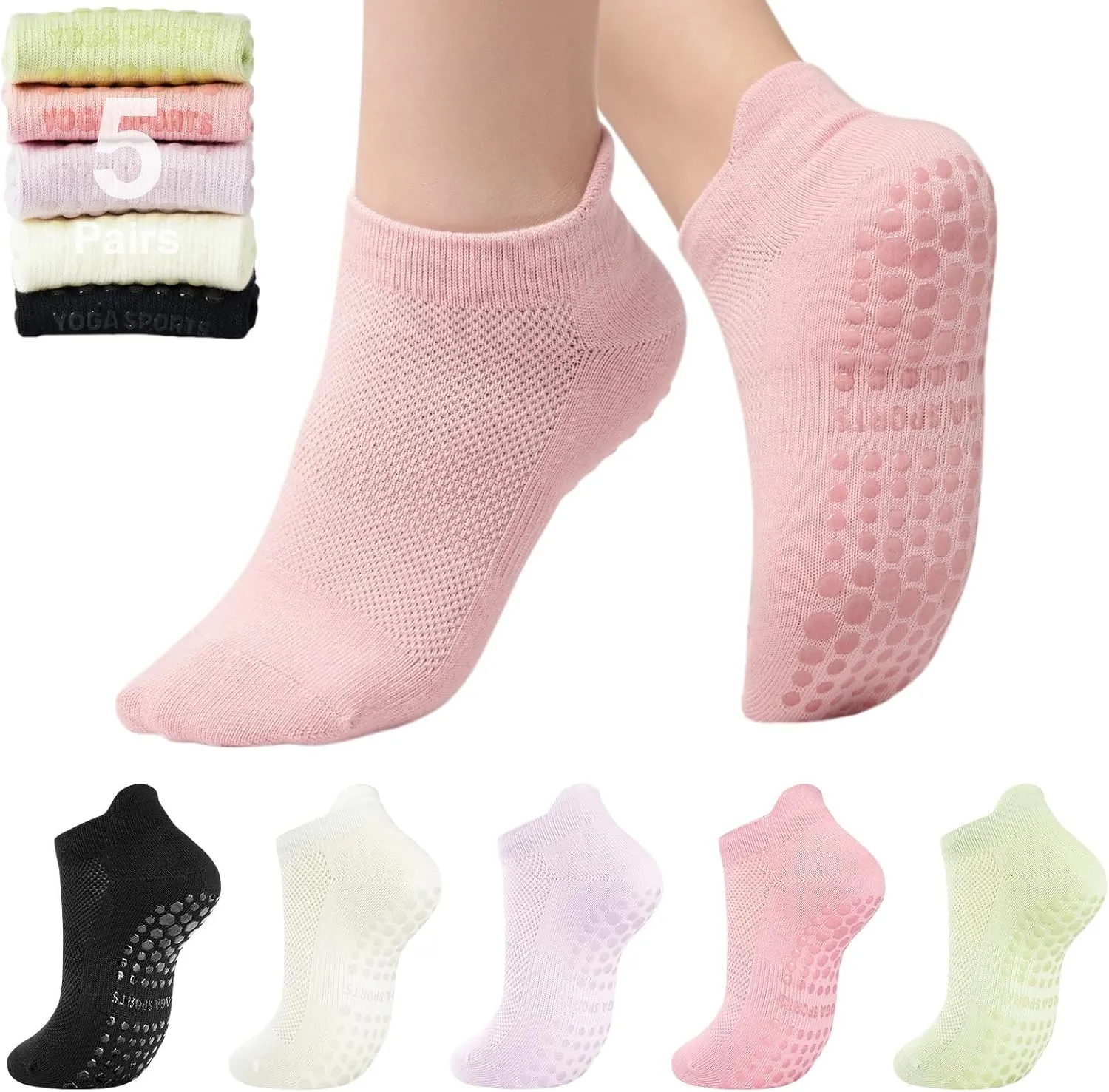 Toes Home Pilates Socks for Women, Ankle Grippy Socks for Yoga, Hospital, Barre Non Slip Workout Sticky Slipper Socks 5 Pairs