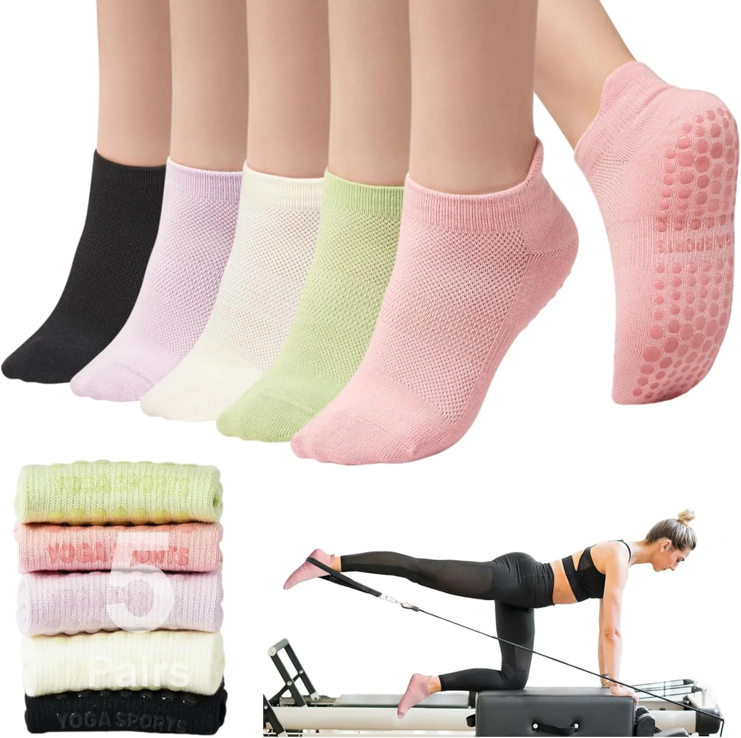 Toes Home Pilates Socks for Women, Ankle Grippy Socks for Yoga, Hospital, Barre Non Slip Workout Sticky Slipper Socks 5 Pairs